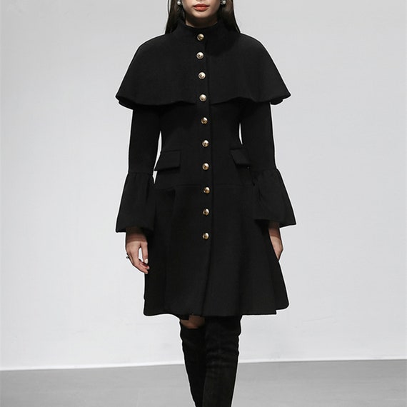 Black coat,cashmere coat,elegant coat,designer coat,swing coat,dress coat,plus size winter coat,handmade coat,gift for her