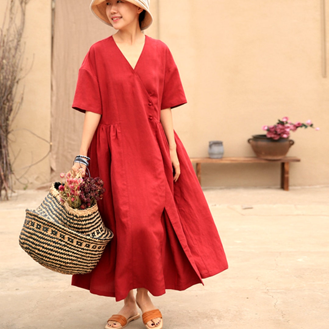 Loose O-Neck Prints Linen Robes Stylish Work Outfits Red Loose Dress Summer