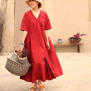 Abito tunica con scollo a V, abito rosso, abito plissettato in lino sciolto, abito a trapezio lungo, abito maxi in lino, abbigliamento taglie forti, personalizzato