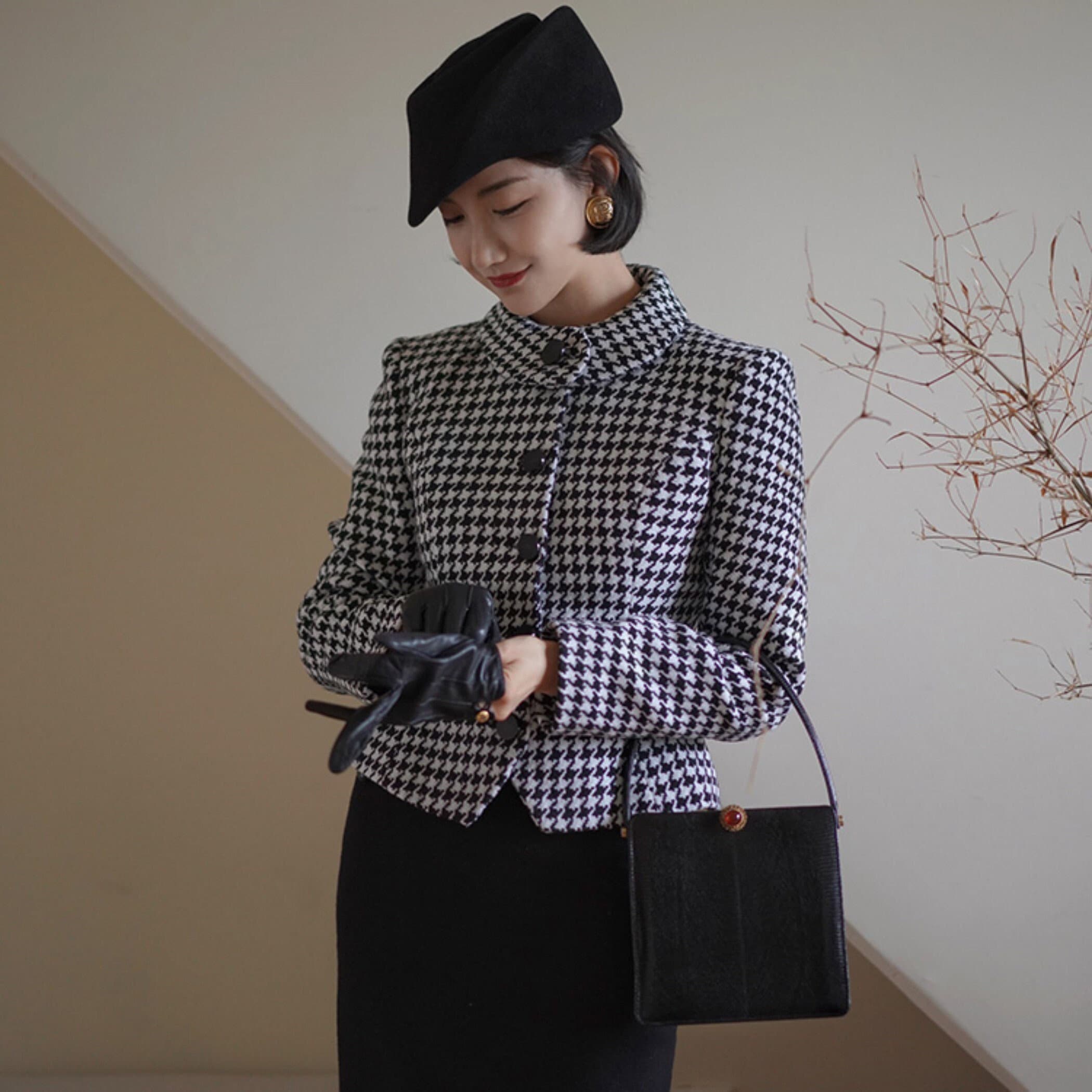 ハウンドトゥースウールコート、秋冬ショートジャケット - Etsy 日本