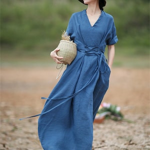 V-neck tunic dress,custom dress for women,linen shirt dress with belt,maxi dress,casual dress,day dress,plus size dress
