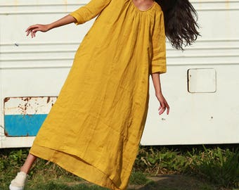 Tunique jaune robe Manche 3/4 robe longue ample caftan robe en lin double couches maxi robe printemps automne robe grande taille vêtements sur mesure