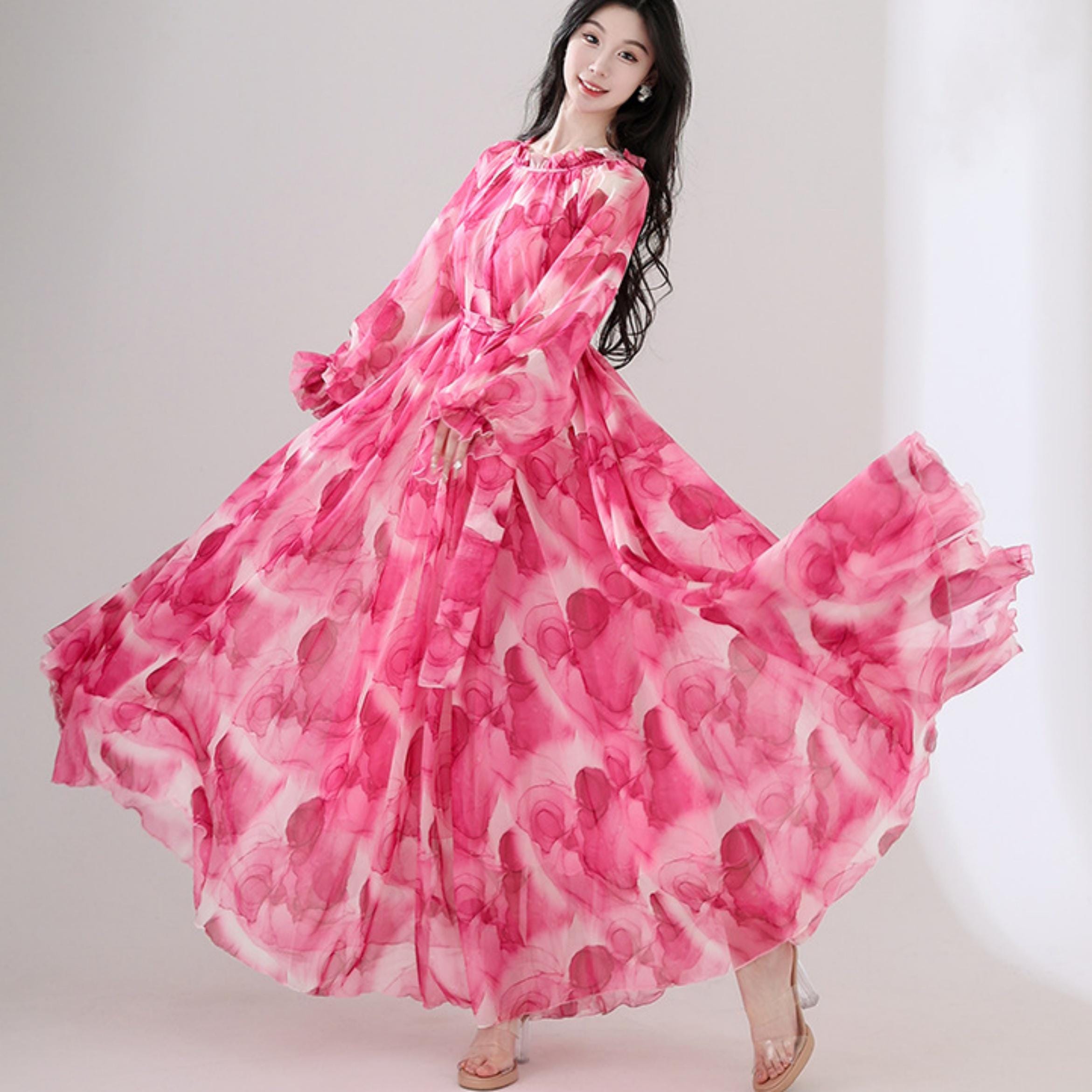 Rose Chiffon Dress,Long Sleeve Dress,Light Weight Long Flowy dress,evening Dress,Prom Dress,Summer Dress,Maxi Skirt