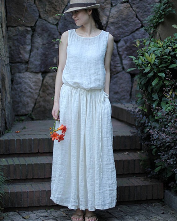 Sleeveless White Linen Maxi Dress, Pleated Summer Tunic