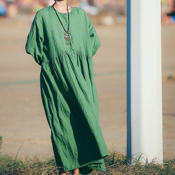 Green linen dress long sleeve tunic dress long winter autumn dress pleated dress linen maxi dress loose cotton blouse plus size clothing Green linen dress long sleeve tunic dress long winter autumn dress pleated dress linen maxi dress loose cotton blouse plus size clothing
