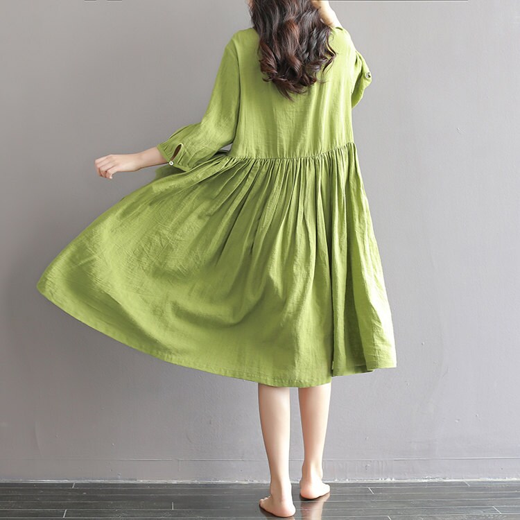 Green Tunic Dress Linen Maxi Dress Pleated Dress Linen Dress | Etsy