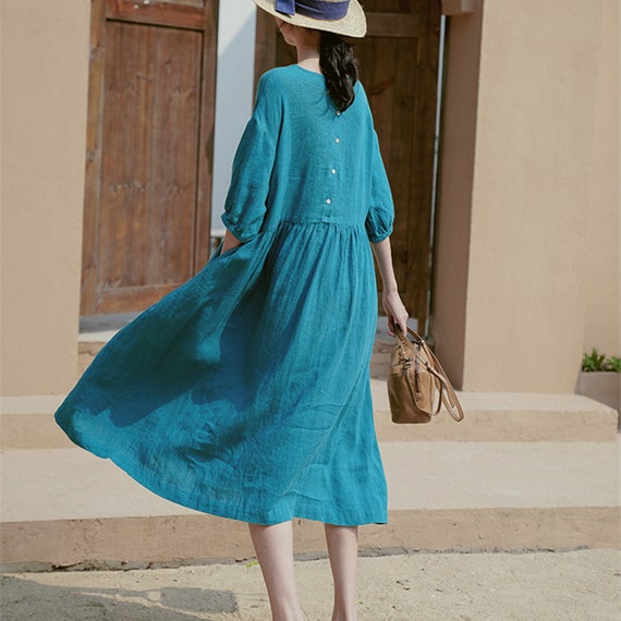 chinese dress ladies SUSY HALF SLEEVE LINEN DRESS – Mediterraneo Boutique Italiana main image 0