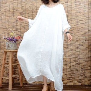 White tunic dress summer dress linen dress large size maxi dress plus size clothing short sleeve long dress beach dress women cotton dress