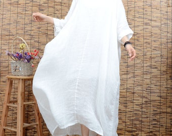 Biała tunika sukienka letnia sukienka lniana sukienka duży rozmiar maxi sukienka plus size odzież krótka sukienka z długim rękawem sukienka plażowa damska bawełniana sukienka