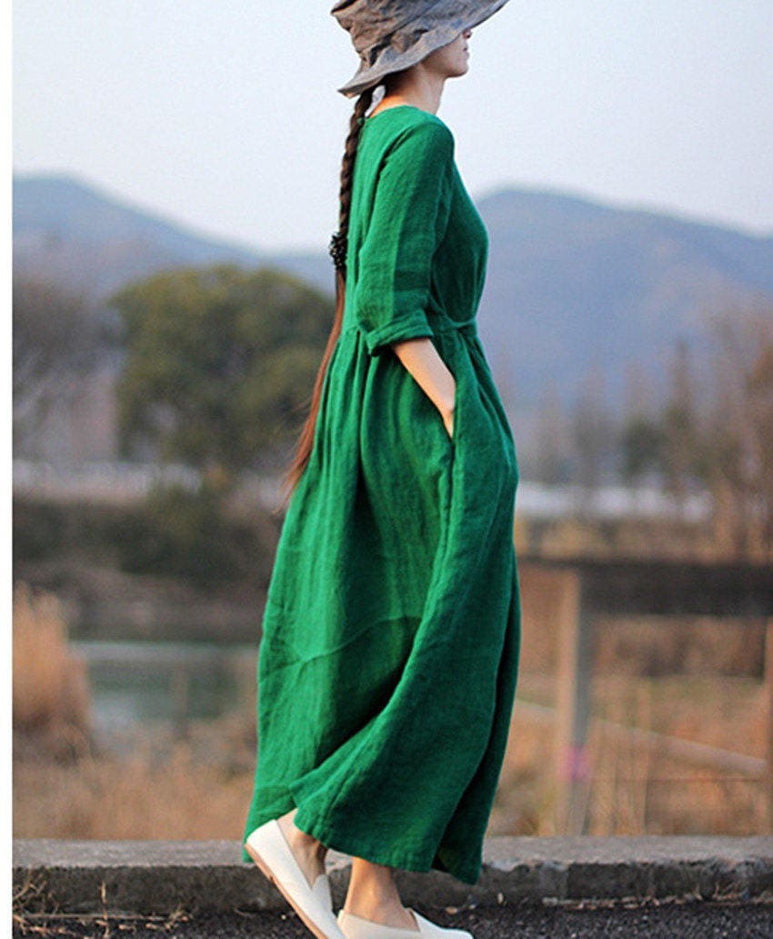 chinese dress ladies Romantic Linen Dress for Women, Long Sleeve Linen Dress, Wrap Linen Dress, Linen Midi Dress, Beautiful Maxi Dress, Bohemian Dress, S / Military main image 0