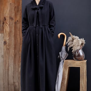Black wool dress,Long Sleeve Ruffle Dress,Maxi Dress,Winter Autumn Dress,Evening dress,Long Wool Dress,Plus Size Clothing