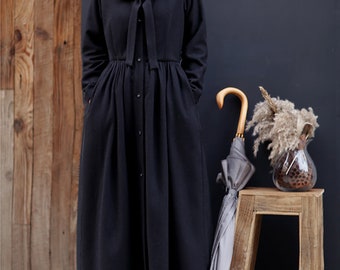 Schwarzes Wollkleid,Langarm-Rüschenkleid,Maxikleid,Winter-Herbstkleid,Abendkleid,langes Wollkleid,Kleidung in Übergröße