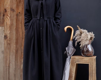 Black wool dress,Long Sleeve Ruffle Dress,Maxi Dress,Winter Autumn Dress,Evening dress,Long Wool Dress,Plus Size Clothing