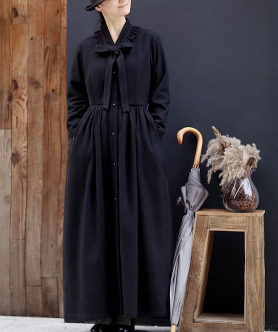 Black Wool Dress,Long Sleeve Ruffle Dress,Maxi Dress,Winter Autumn dress,evening Dress,Long Wool Dress,Plus Size Clothing