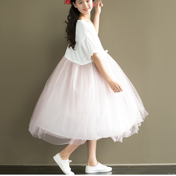 Pink Tulle Babydoll Dress, Short Sleeve Lace Cotton Prom Dress