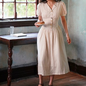 Short Sleeve Linen Cotton Dress,Midi Vintage Dress,Cottagecore Dress,Linen Ruffle Dress,Women Summer Dress image 4