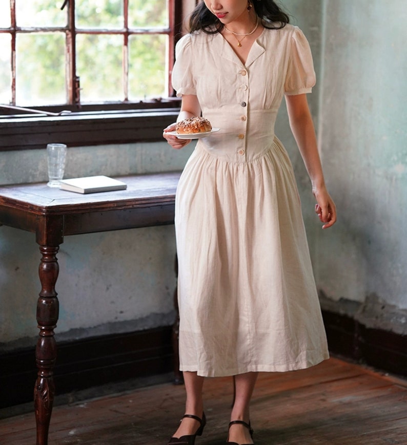 Short Sleeve Linen Cotton Dress,Midi Vintage Dress,Cottagecore Dress,Linen Ruffle Dress,Women Summer Dress image 4