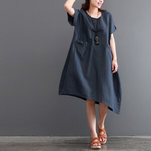 Loszittende linnen top shirt tuniek korte mouwen linnen jurk asymmetrische jurk katoenen blouse linnen kleding