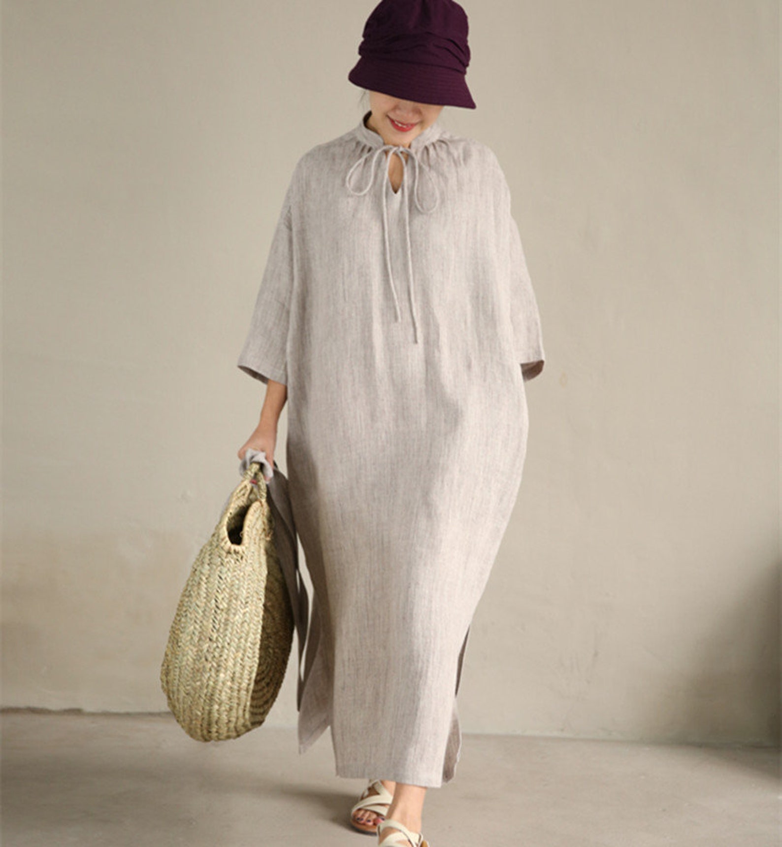 Women's Solid Linen Mini – Half Zip Collar 3/4 Sleeve Relaxed A-Line Casual Day Dress main image 1