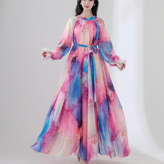 knee length dresses for ladies Pink Autumn Patchwork Floral & Plaid Long Sleeve Girls Dress 3