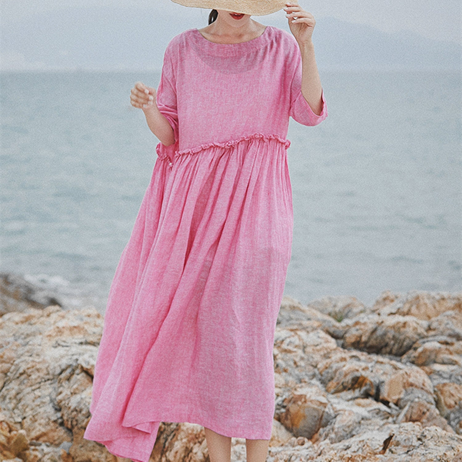 Pink linen dresscausal dresssummer beach dresslinen tunic | Etsy