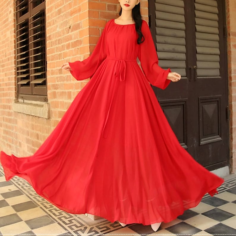 Women chiffon dress long sleeve dress spring dress flowy maxi Etsy