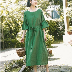 Linen dress,green dress,long kaftan linen maxi dress,loose women dress,big sleeve,plus size clothing custom order