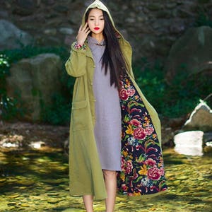 Loose linen hoodies long sleeve linen tunic dress autumn spring linen coat jacket long dress coat oversize cotton blouse plus size clothing