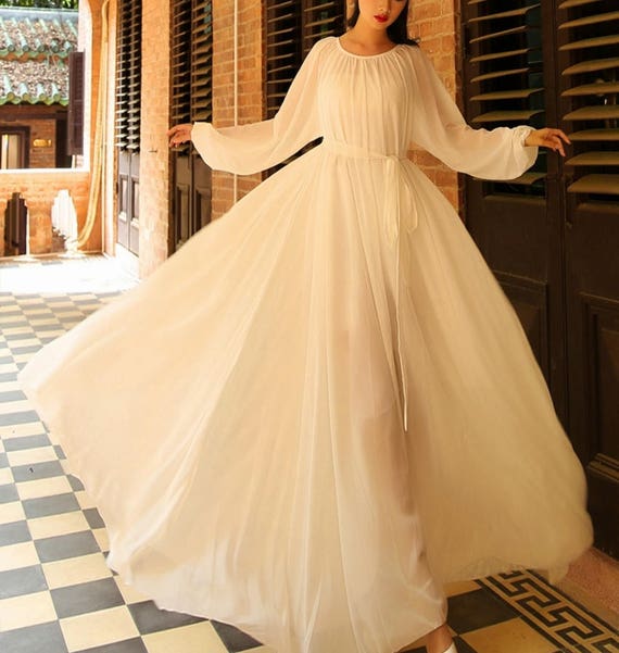Women Chiffon Dress Long Sleeve Dress Spring Dress Flowy Maxi