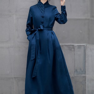 Navy linen dress,Long Sleeve Linen Dress,Spring Autumn Dress,Long shift dress With Belt,Smock Dress,Handmade Dress
