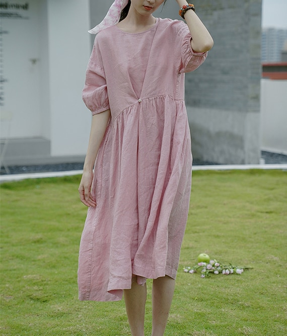 Handmade Pink Linen Tunic Dress, Half Sleeve Pleated Day Dress