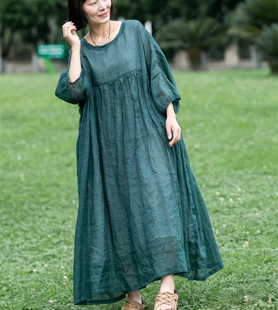 3/4 Sleeve Linen Dress,Ramie Linen Dress,Summer Dress,Loose Linen Dress,Maxi Ruffle Dress,Linen Long Dress,Women Dress