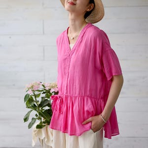 Summer linen top linen tunic shirt short sleeve blouse loose caftan maxi top plus size clothing handmade top custom