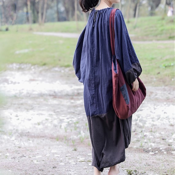 Loose Linen Cotton Dress,Casual Patch-Work Dress,Maxi Dress,Loose Tunic Dress,Oversize Dress,Maternity Dress