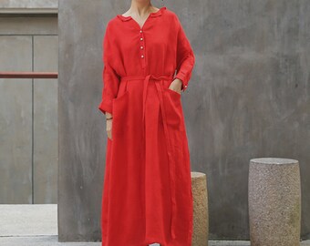 Red dress,V-neck tunic dress with big pockets,loose linen dress,long shift dress,linen maxi dress,plus size clothing,custom