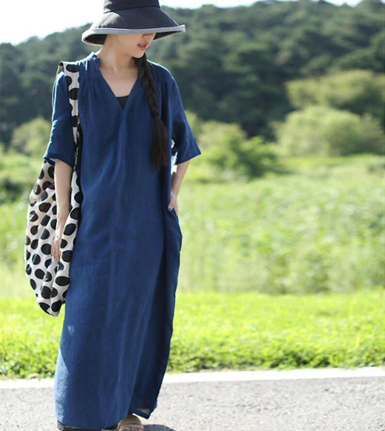 Navy Linen Dresscasual Linen Dresslinen Maxi Dresslong Etsy