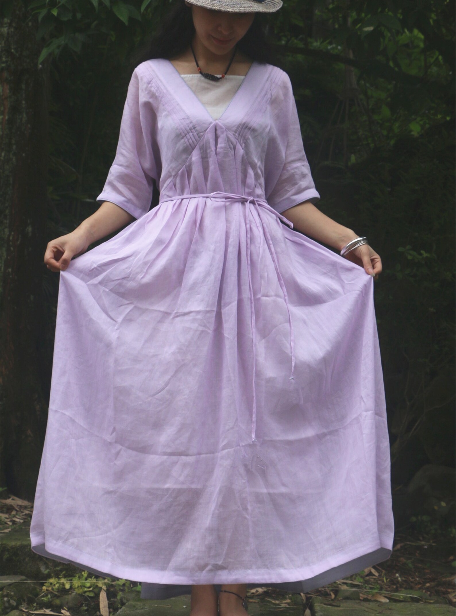 Purple Linen Dress With Beltflowy Dressloose Linen Etsy