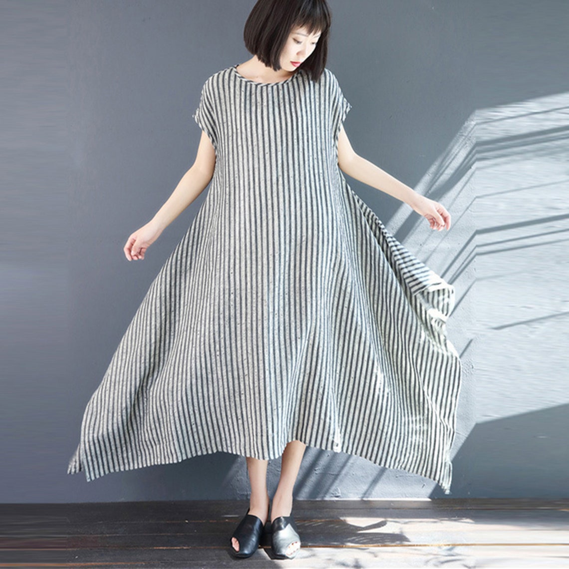 Striped Linen Cotton DressShort Sleeve Cotton DressSummer | Etsy