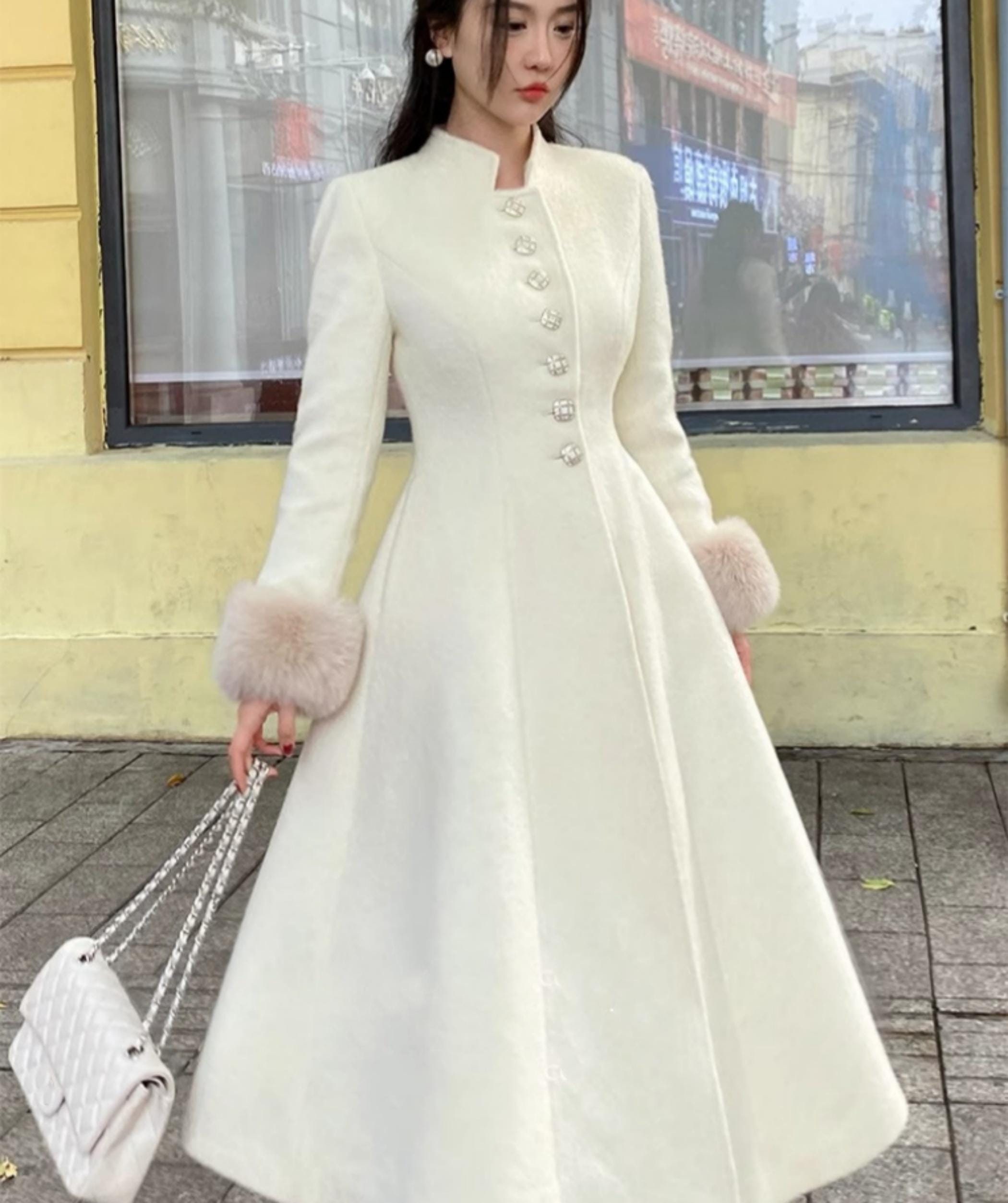 White High Collar Wool Coat,long Wool Outwear,fit and Flare Coat,winter  Wool Dress Coat,princess Coat,wedding Wool Coat