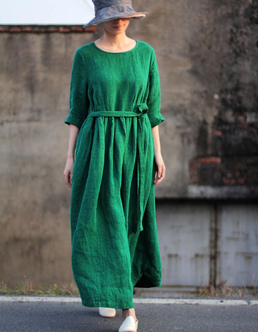 Green dress spring linen dress 3/4 sleeve linen maxi dress | Etsy