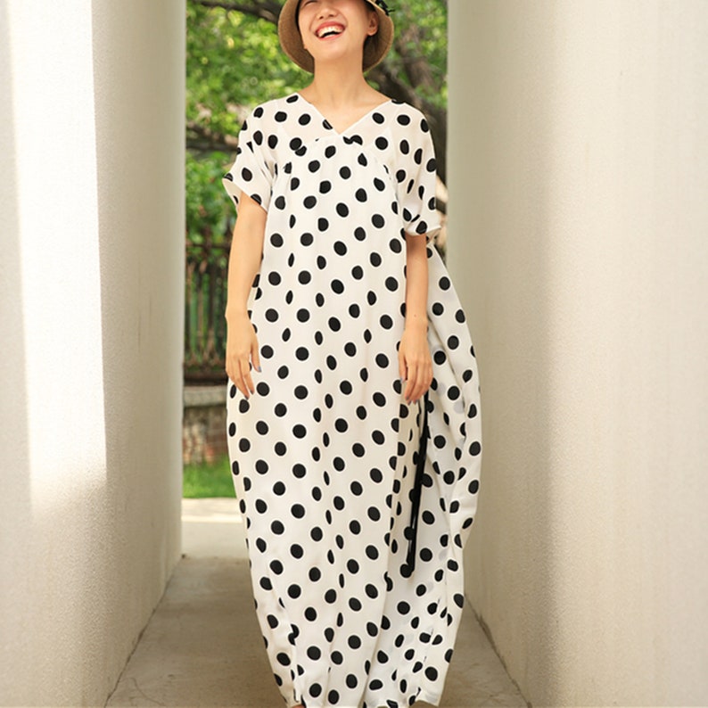 Loose linen summer dress,dots print cotton dress,long shift dress,maxi dress,plus size clothing,custom