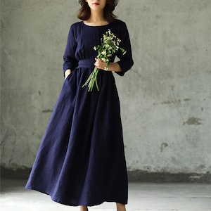Abito blu navy, abito largo in lino, abito tunica in lino, abito lungo, abito lungo in lino, abito da ballo, abbigliamento taglie forti, abito fatto a mano