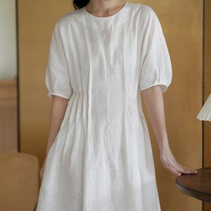 Abito in lino con maniche a sbuffo, abito in lino sciolto, caftano di lino, abito in lino Smock, abito primaverile estivo, abito Boho, abito lungo in lino da donna