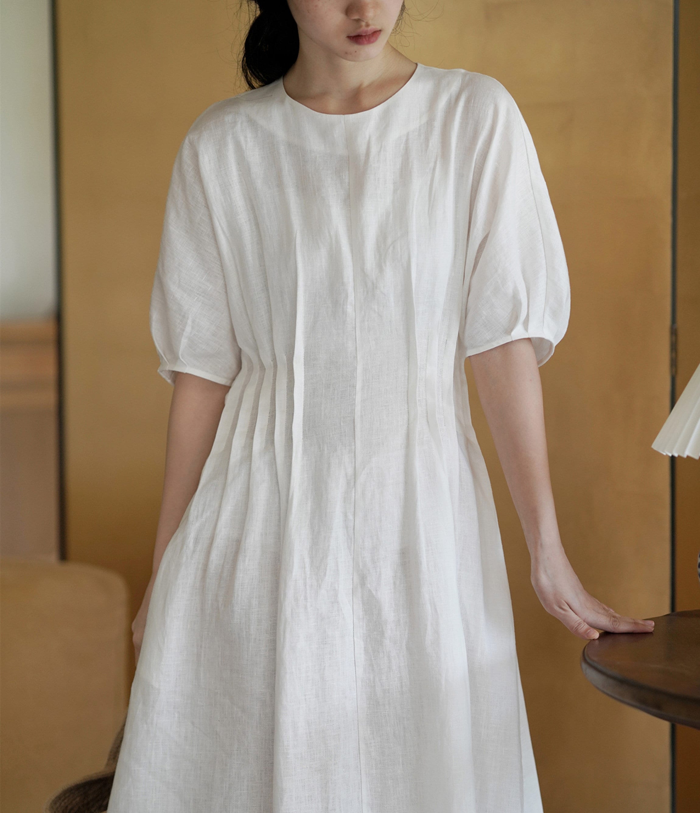 Sukienka lniana z bufiastymi rękawami, luźna sukienka lniana, lniany kaftan, sukienka lniana typu smock, sukienka wiosenno-letnia, sukienka boho, długa sukienka lniana dla kobiet