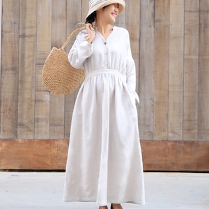 V-collo tunica abito, abito bianco, sciolto abito di lino, primavera estate abito, abito lungo turno, lino maxi dress, più taglie abbigliamento, Custom