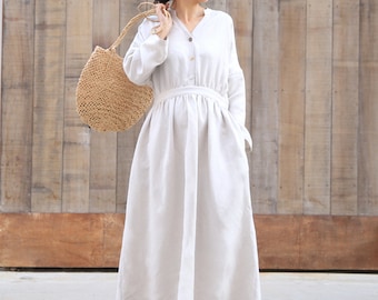 Vestido de túnica de cuello en V, vestido blanco, vestido de lino suelto, vestido de verano de primavera, vestido de cambio largo, vestido maxi de lino, además de ropa de tamaño,