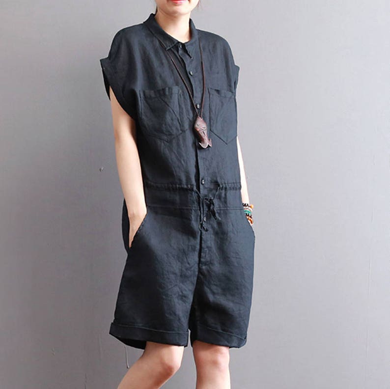 Black linen jumpsuit linen overall women wide legged linen romper with pockets plus size linen clothing handmade