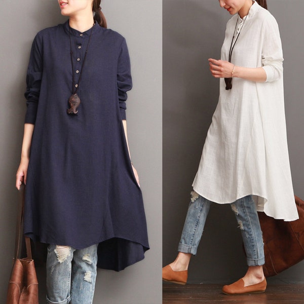 Asymmetrical linen dress long shirt blouse dress long sleeve spring autumn dress linen tunic maxi top linen top plus size clothing