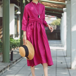 3/4 Sleeve linen tunic dress,fitted dress,organic linen dress ,linen pleated dress,women sundress casual dress