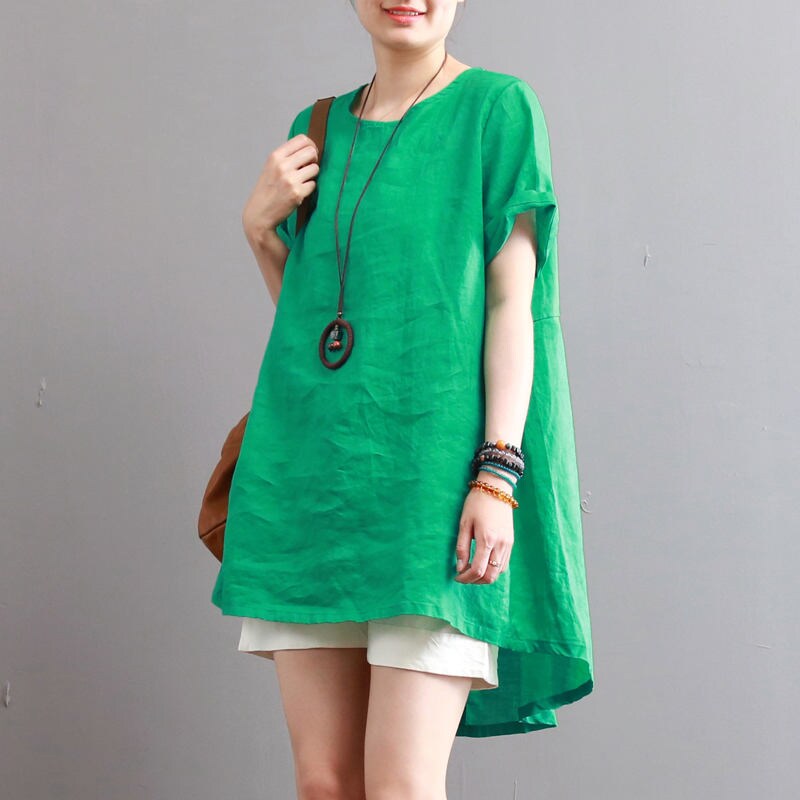 Green Linen Top Short Sleeve Linen Shirt Maxi Top Loose Blouse - Etsy